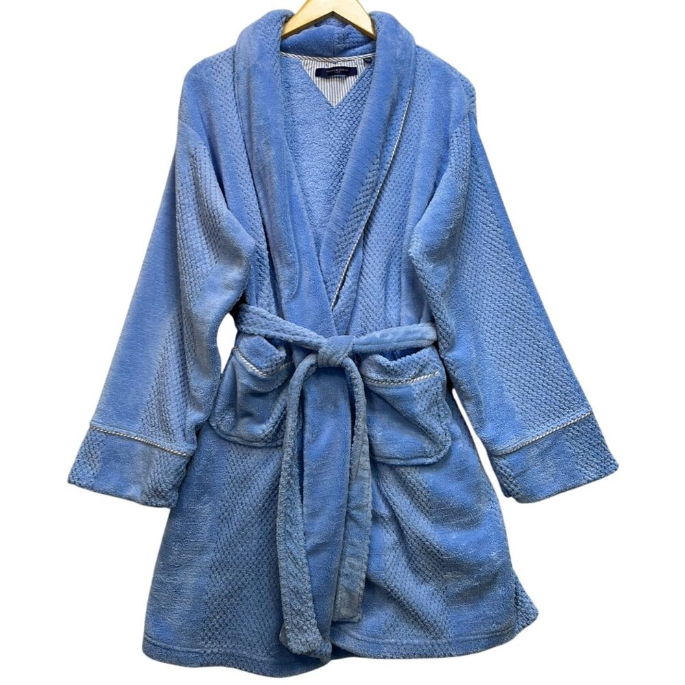 Tommy Hilfiger Women Belted Sleepwear Fleece Dressing Gown Long Sleeve Sz L Blue